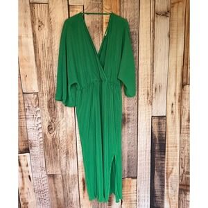 Anthropologie‎ Dress Plissé Faux-Wrap Kimono Sleeve Green Maxi Boho Glam XL NWT